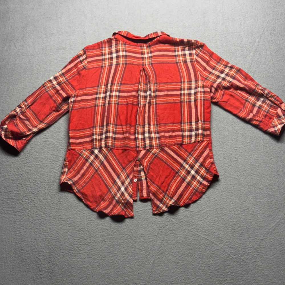 Hester & Orchard Red Plaid Shirt Womens Medium Split Back Roll Tab Sleeve Rayon - Picture 7 of 13